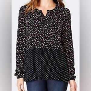 J.Jill Women’s Black Pink Daisies & Dot Long Sleeve Blouse Top Size M